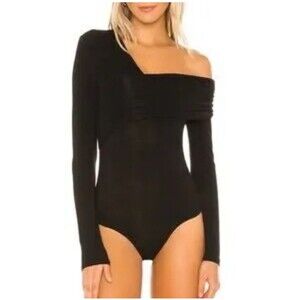 BCBGMAXAZRIA Long Sleeve Asymmetrical Knit Black Bodysuit Women's Size L